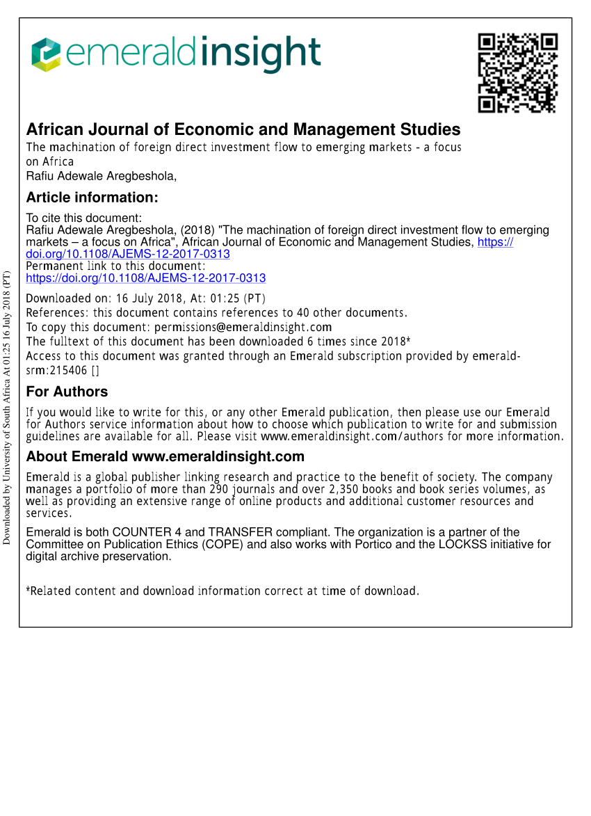 Pdf The Machination Of Foreign Direct Investment Flow To Emerging Markets A Focus On Africa