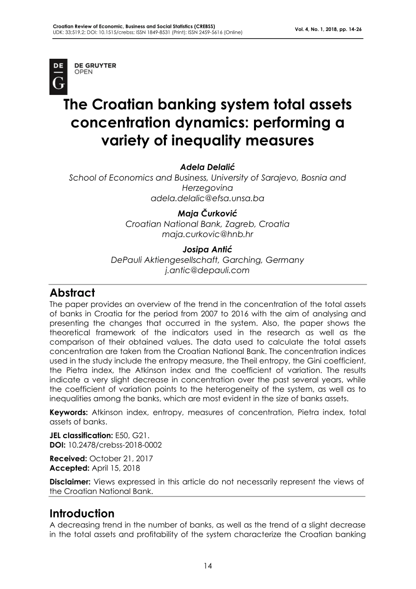 Pdf The Croatian Banking System Total Assets Concentration Dynamics Performing A Variety Of Inequality Measures