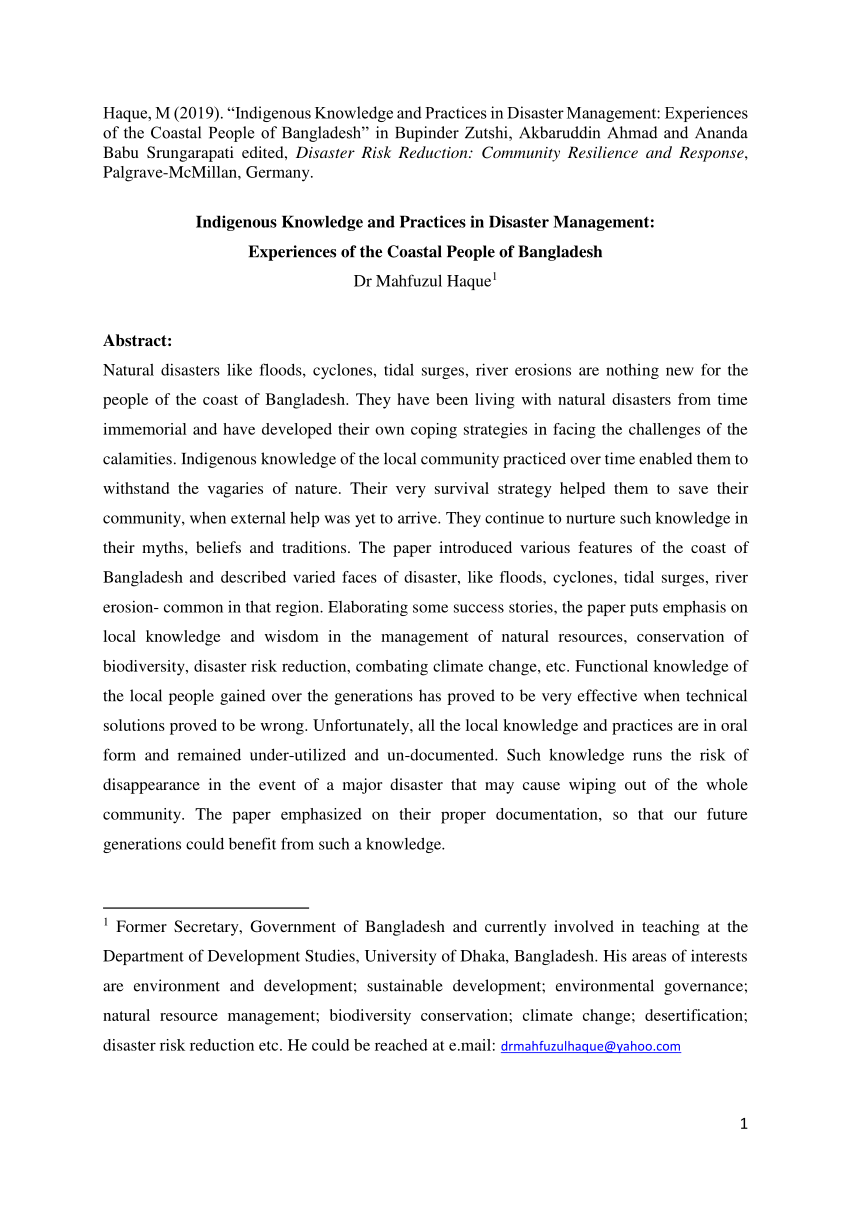 Pdf Indigenous Knowledge And Practices In Disaster Management Experiences Of The Coastal People Of Bangladesh