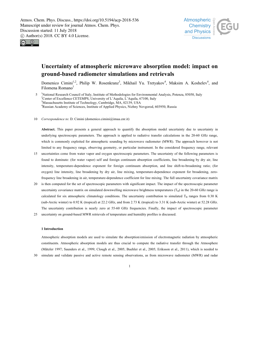 Pdf Uncertainty Of Atmospheric Microwave Absorption Model Impact On Ground Based Radiometer Simulations And Retrievals