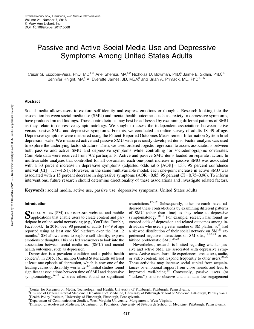 Pdf Passive And Active Social Media Use And Depressive Symptoms Among United States Adults