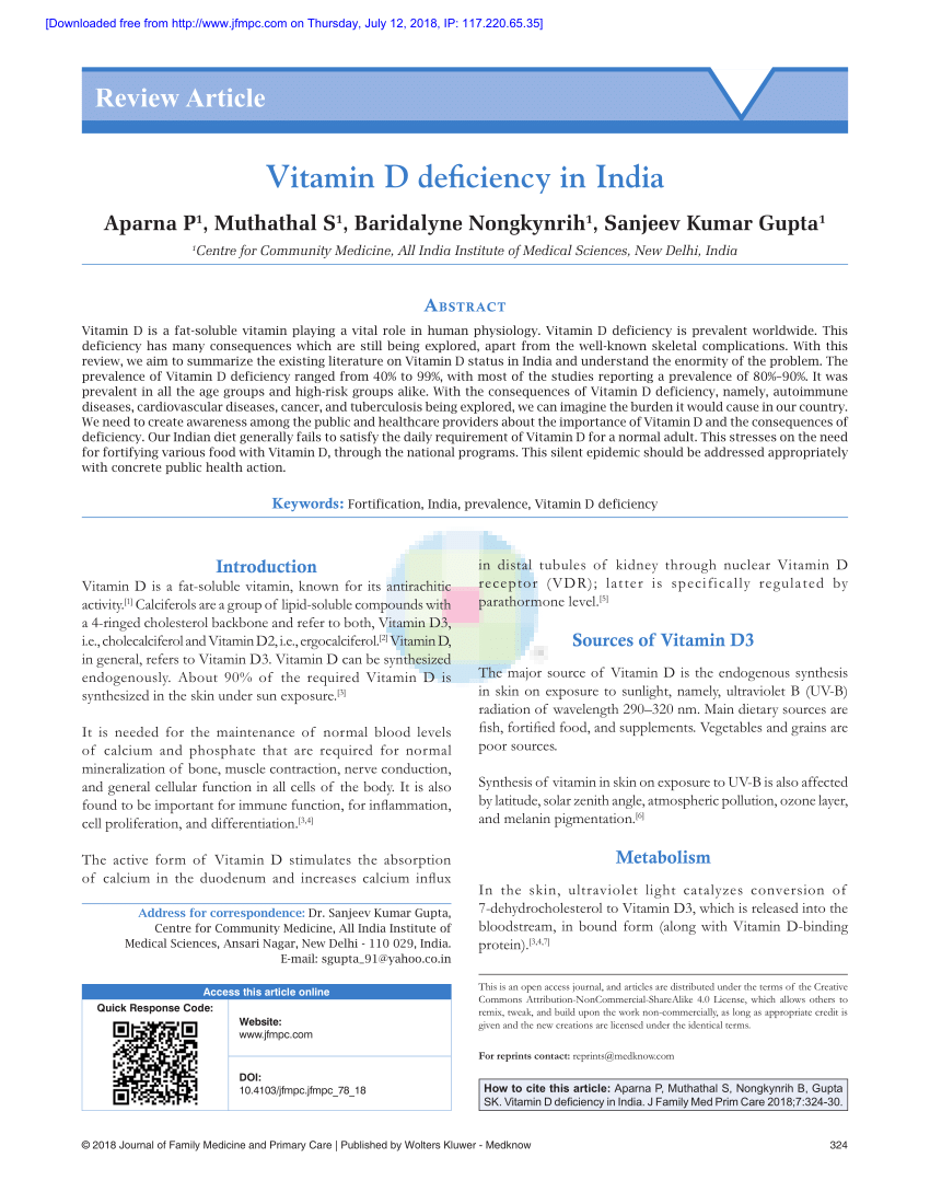 Pdf Vitamin D Deficiency In India