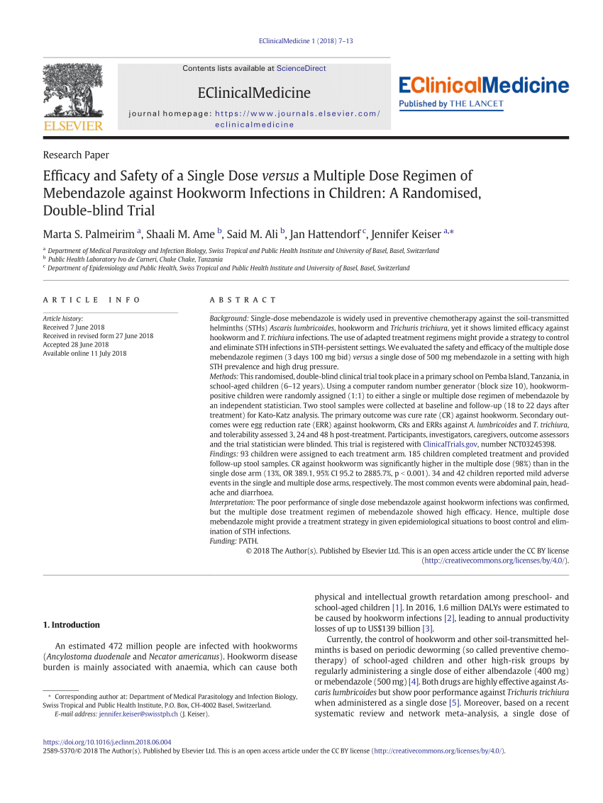 obligatorisk binde Splendor PDF) Efficacy and Safety of a Single Dose versus a Multiple Dose Regimen of  Mebendazole against Hookworm Infections in Children: A Randomised,  Double-blind Trial