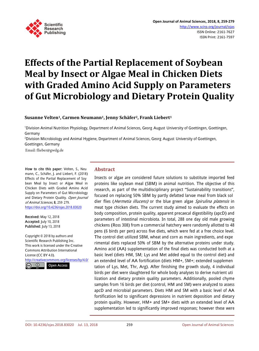 Pdf Effects Of The Partial Replacement Of Soybean Meal By Insect Or Algae Meal In Chicken Diets With Graded Amino Acid Supply On Parameters Of Gut Microbiology And Dietary Protein Quality