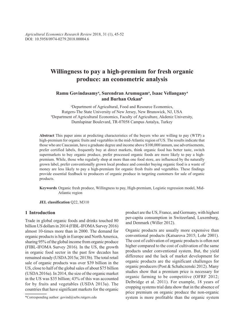 Full article: The Consumption of Fresh Organic Food: Premium Pricing and  the Predictors of Willingness to Pay