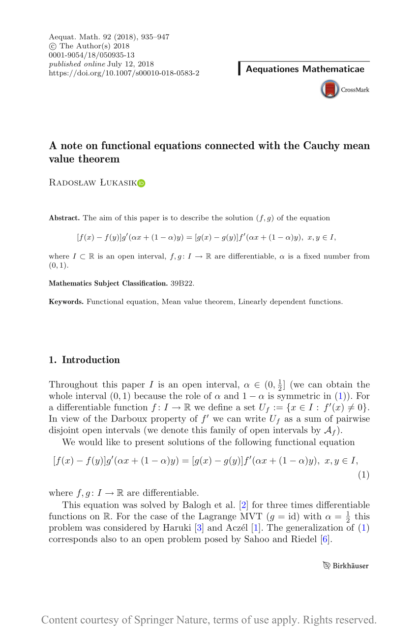 Pdf A Note On Functional Equations Connected With The Cauchy Mean Value Theorem