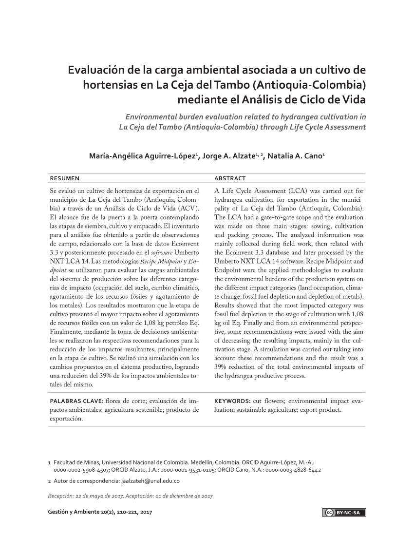 PDF) Evaluación de la carga ambiental asociada a un cultivo de hortensias  en La Ceja del Tambo (Antioquia-Colombia) mediante el Análisis de Ciclo de