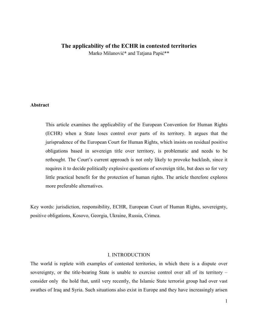 Pdf The Applicability Of The Echr In Contested Territories