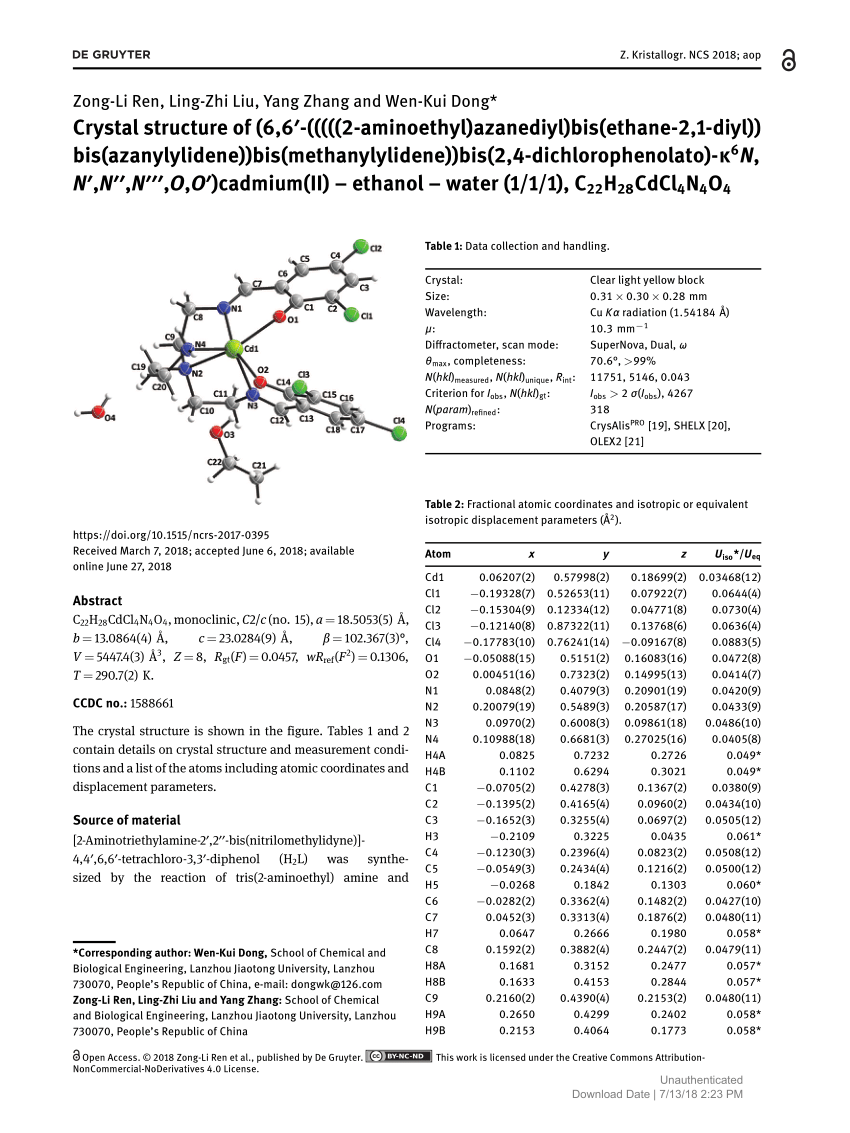 Pdf Crystal Structure Of 6 6 2 Aminoethyl Azanediyl Bis Ethane 2 1 Diyl Bis Azanylylidene Bis Methanylylidene Bis 2 4 Dichlorophenolato K6n N N N O O Cadmium Ii Ethanol Water 1 1 1 C22h28cdcl4n4o4