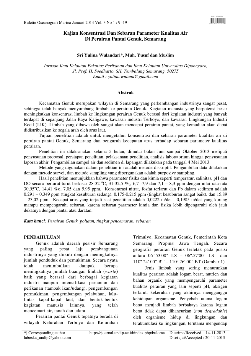 Pdf Kajian Konsentrasi Dan Sebaran Parameter Kualitas Air Di Perairan