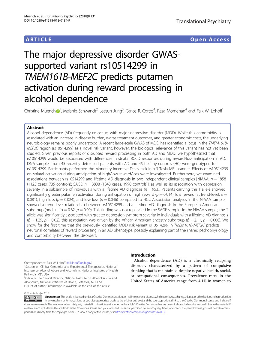 Pdf The Major Depressive Disorder Gwas Supported Variant Rs In Tmem161b Mef2c Predicts Putamen Activation During Reward Processing In Alcohol Dependence