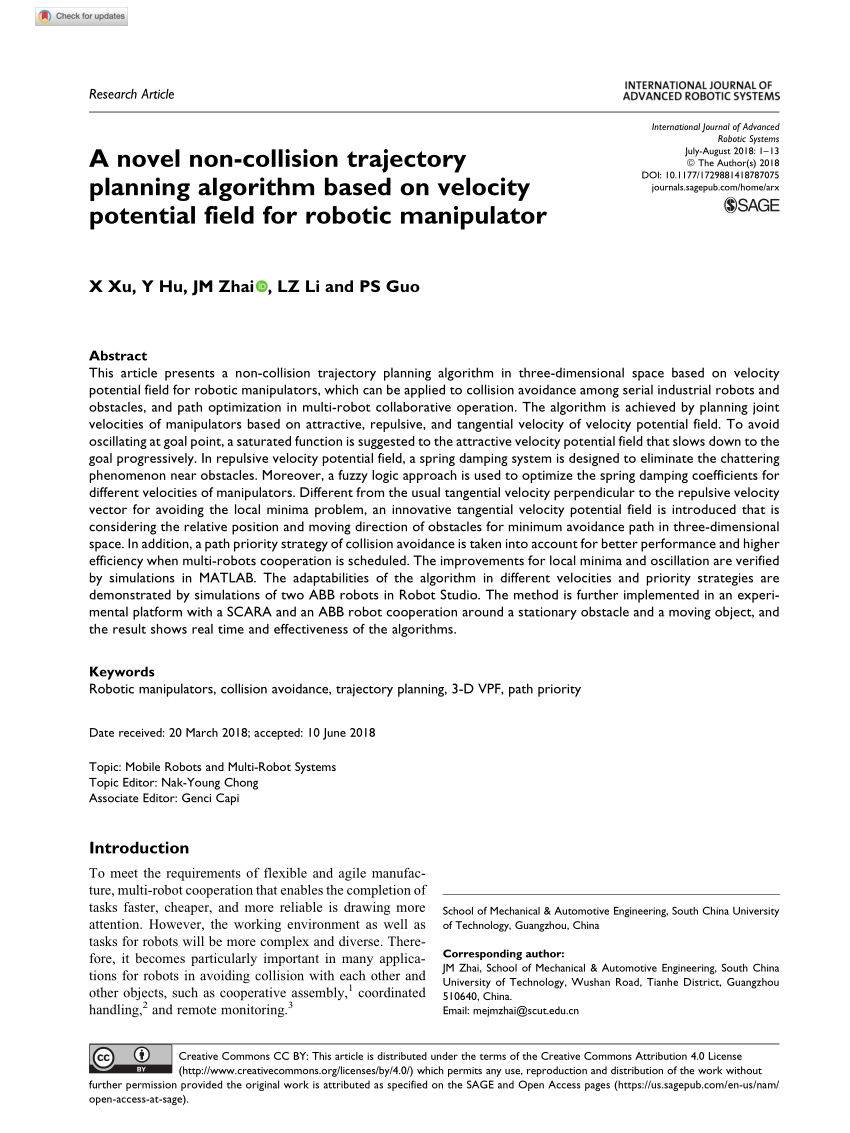 Pdf A Novel Non Collision Trajectory Planning Algorithm Based On Velocity Potential Field For Robotic Manipulator