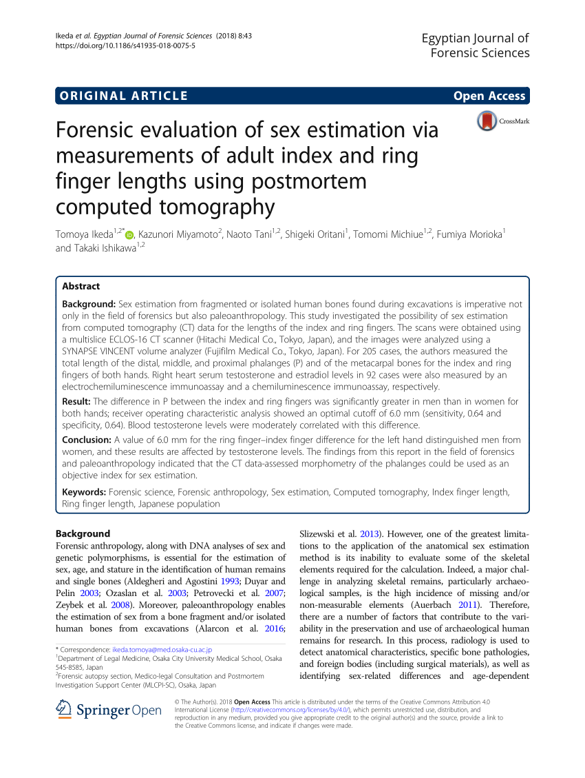 PDF Forensic Evaluation Of Sex Estimation Via Measurements Of Adult Index And Ring Finger