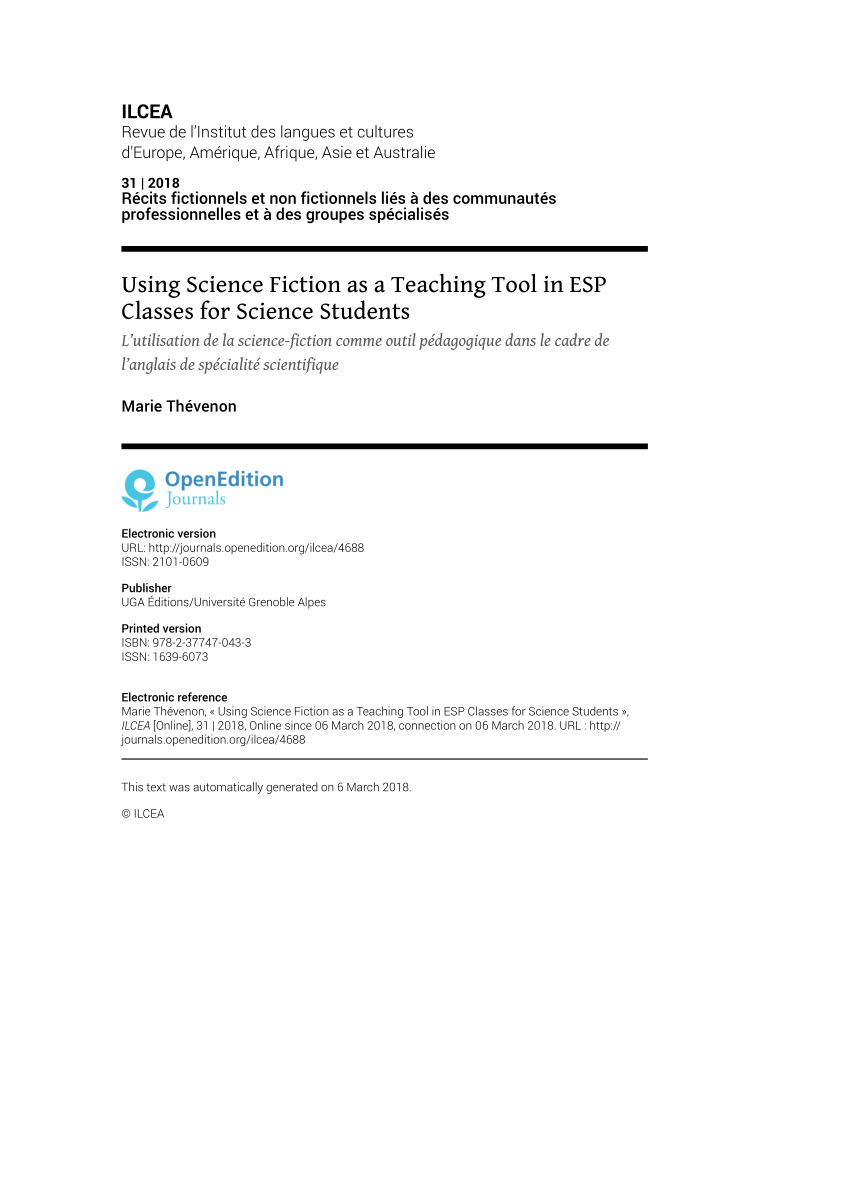 Pdf Using Science Fiction As A Teaching Tool In Esp Classes For Science Students Ilcea En Ligne 31 18 Mis En Ligne Le 06 Mars 18 Url Http Journals Openedition Org Ilcea 46