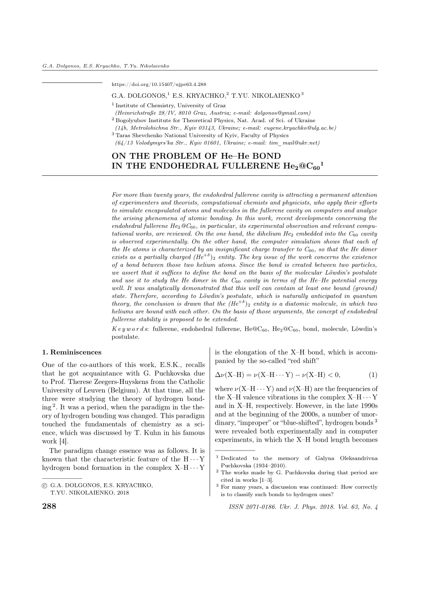 Pdf On The Problem Of He He Bond In The Endohedral Fullerene He2 C60