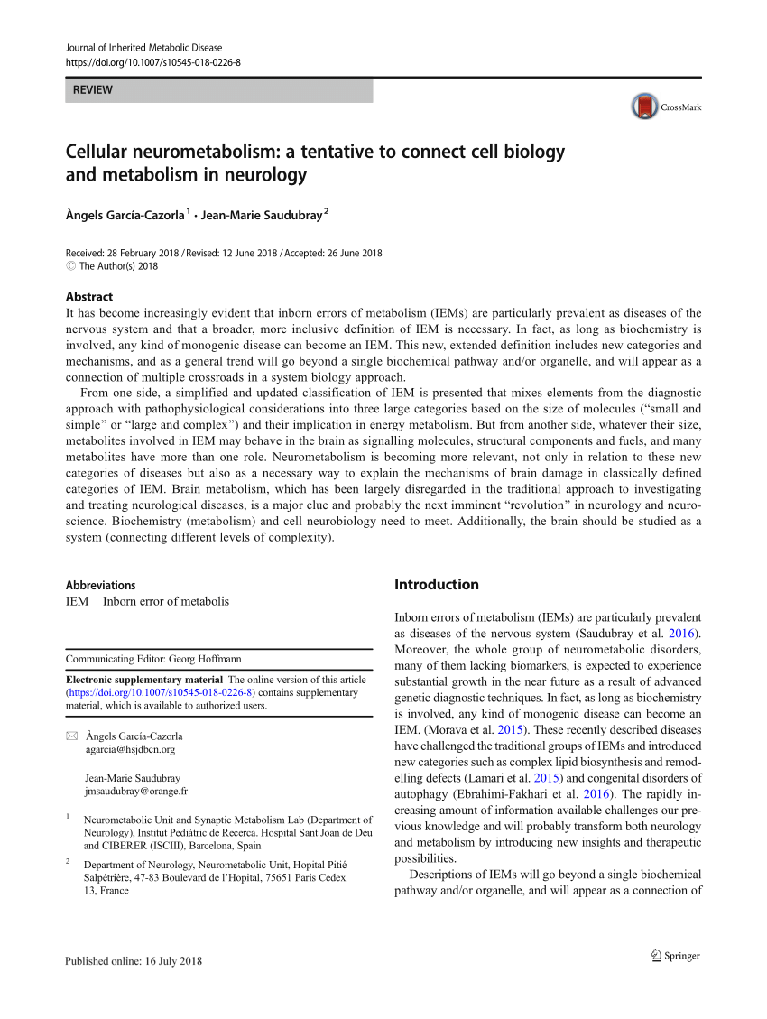 Pdf Cellular Neurometabolism A Tentative To Connect Cell Biology And Metabolism In Neurology