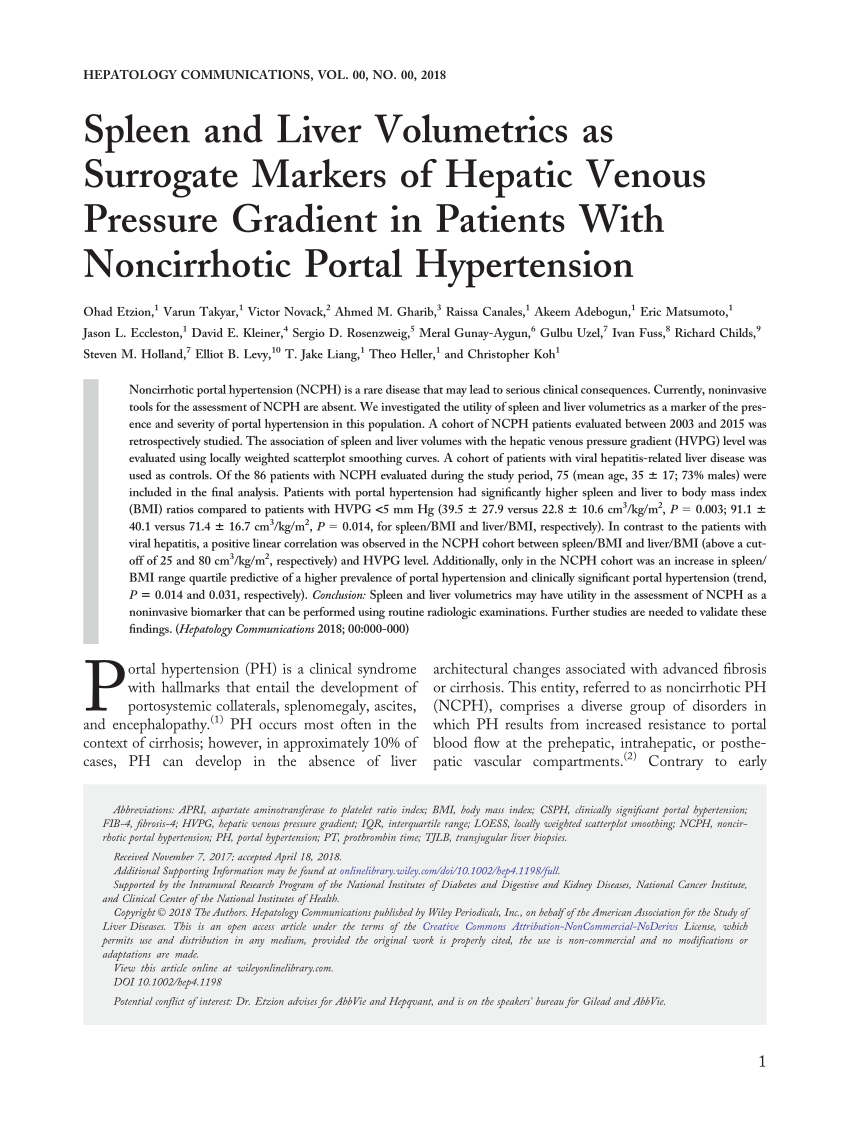 PDF) Spleen and Liver Volumetrics as Surrogate Markers of Hepatic Venous  Pressure Gradient in Patients With Noncirrhotic Portal Hypertension