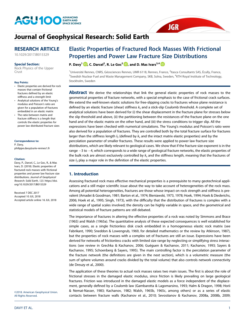 Pdf Elastic Properties Of Fractured Rock Masses With Frictional Properties And Power Law Fracture Size Distributions