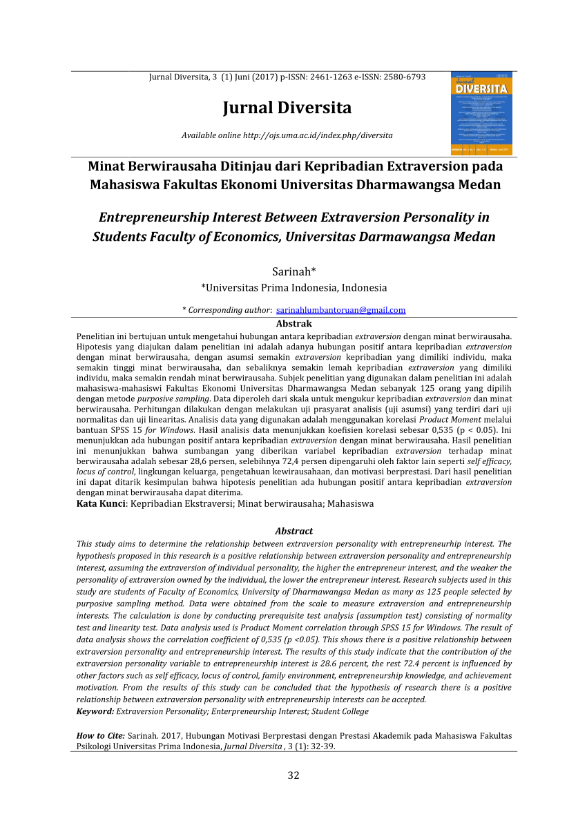 Pdf Minat Berwirausaha Ditinjau Dari Kepribadian Extraversion Pada Mahasiswa Fakultas Ekonomi Universitas Dharmawangsa Medan