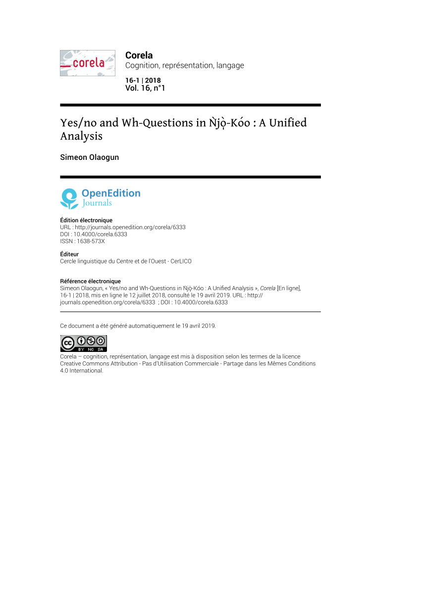 Pdf Yes No And Wh Questions In ǹjo Koo1 A Unified Analysis