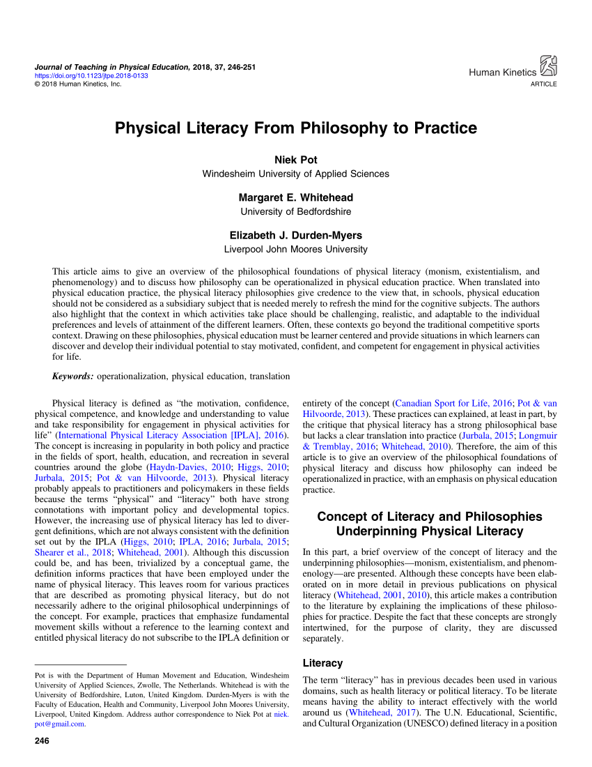 Pdf Physical Literacy From Philosophy To Practice