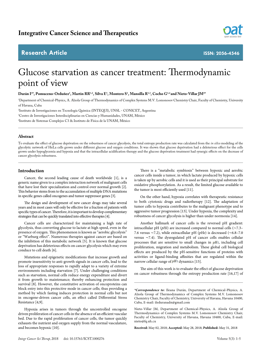 Pdf Glucose Starvation As Cancer Treatment Thermodynamic