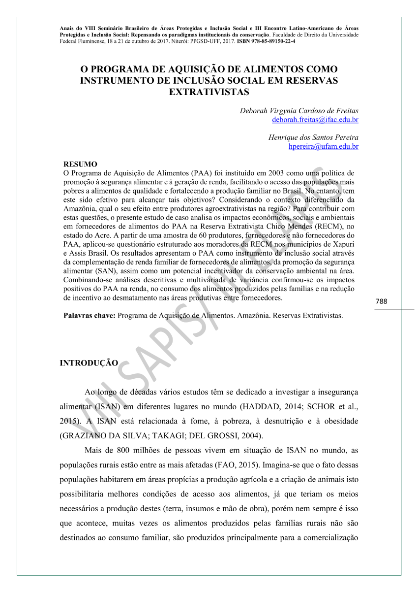 Pdf O Programa De Aquisicao De Alimentos Como Instrumento De Inclusao Social Em Reservas Extrativistas