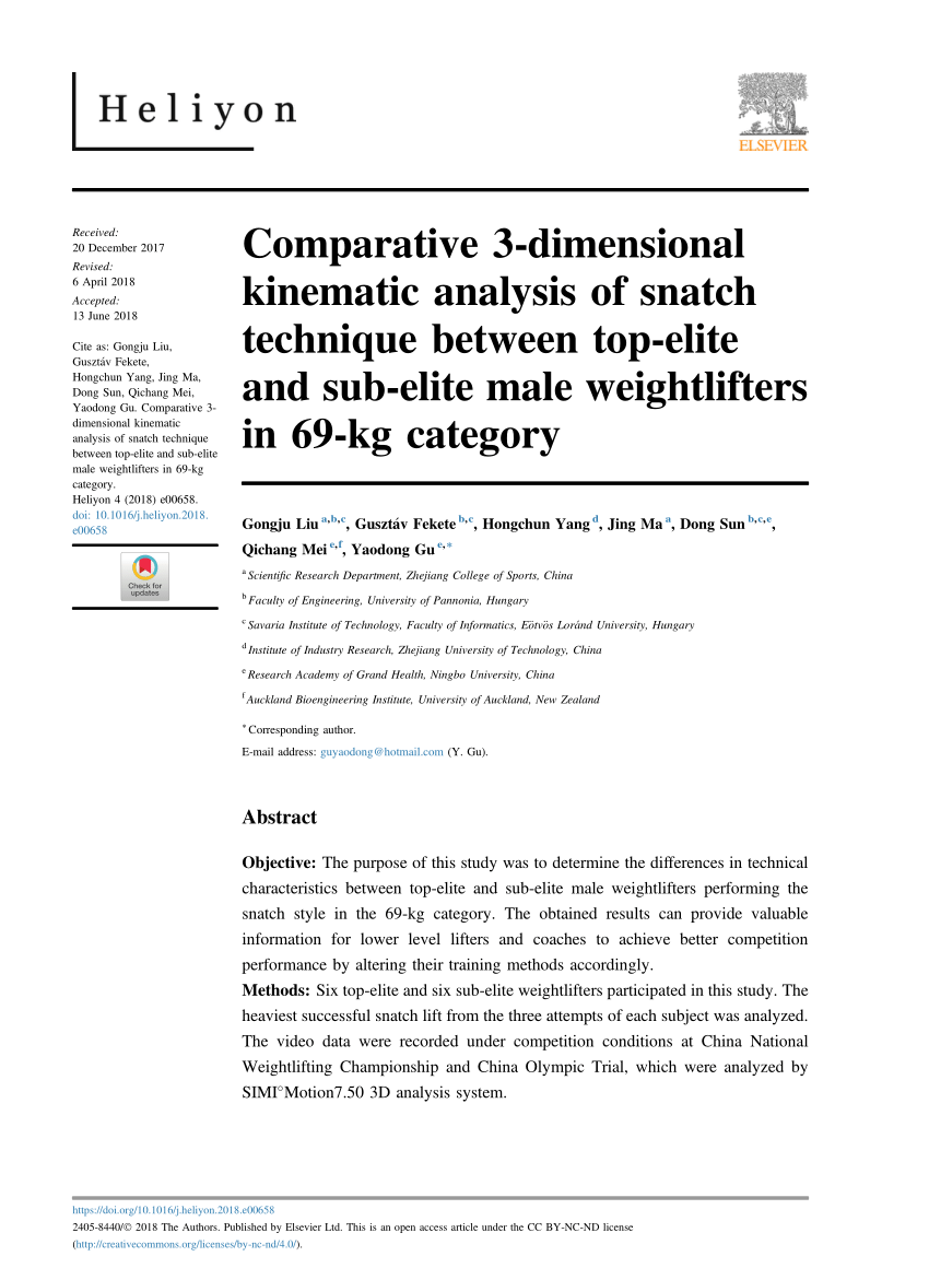 Pdf Comparative 3 Dimensional Kinematic Analysis Of Snatch Technique Between Top Elite And Sub Elite Male Weightlifters In 69 Kg Category