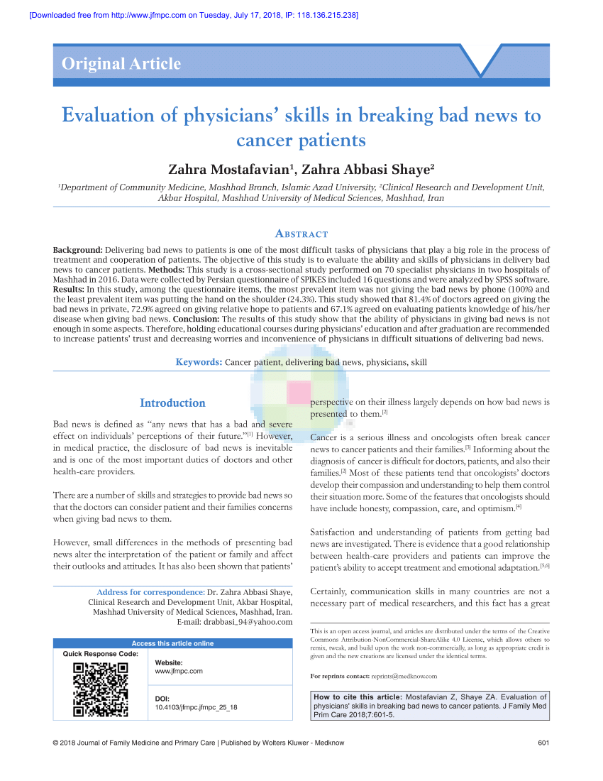PDF) Evaluation of physicians' skills in breaking bad news to