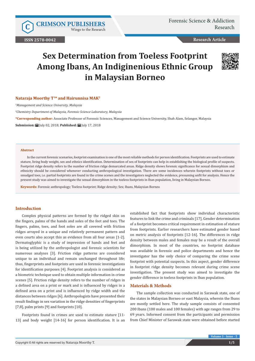 PDF) Sex Determination from Toeless Footprint Among Ibans, An Indiginenious Ethnic Group in Malaysian Borneo