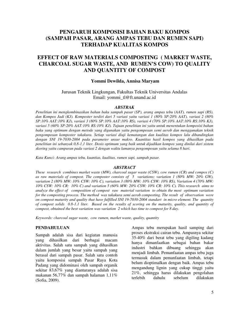 Pdf Pengaruh Komposisi Bahan Baku Kompos Sampah Pasar Arang Ampas Tebu Dan Rumen Sapi 6980