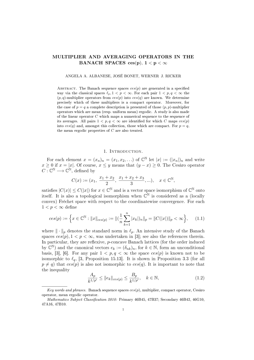 Pdf Multiplier And Averaging Operators In The Banach Spaces Mathbf Ces P 1 P Infty Ces P 1