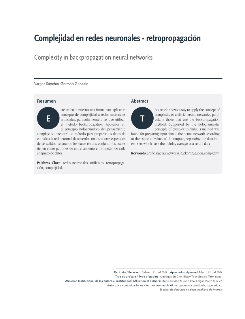 Pdf Complejidad En Redes Neuronales Retropropagacion