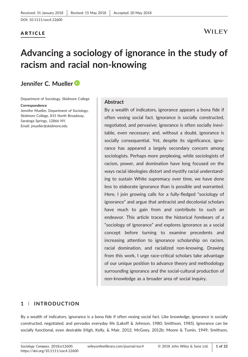 Pdf Advancing A Sociology Of Ignorance In The Study Of Racism And Racial Non Knowing