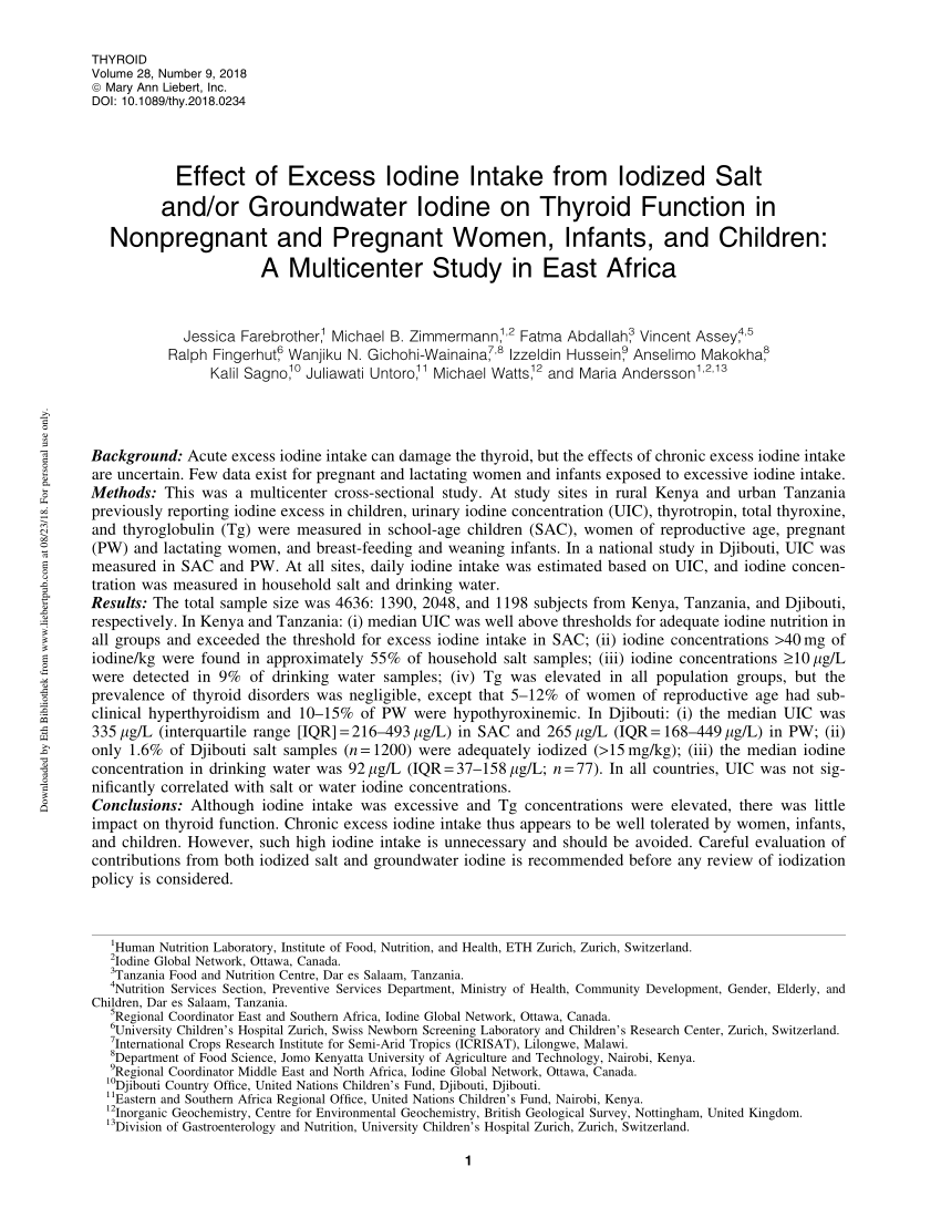 Pdf The Effect Of Excess Iodine Intake From Iodized Salt And Or Groundwater Iodine On Thyroid Function In Non Pregnant And Pregnant Women Infants And Children A Multicenter Study In East Africa