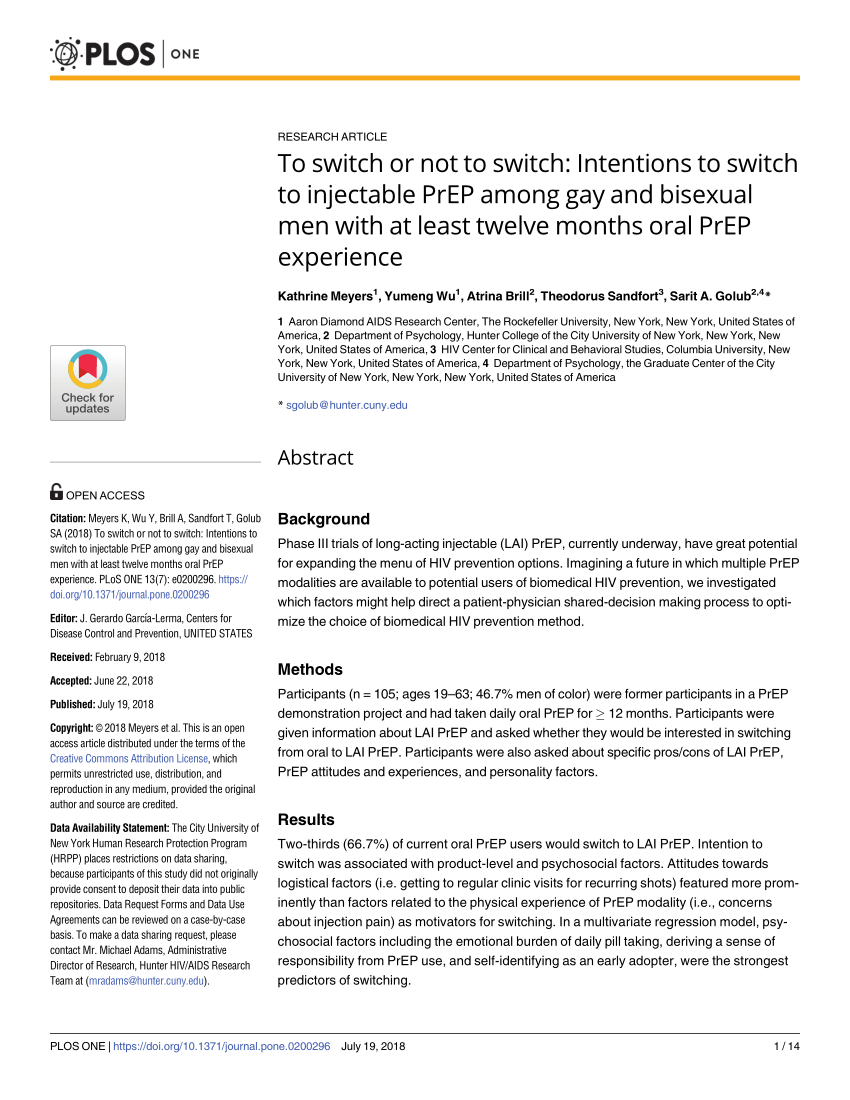 Pdf To Switch Or Not To Switch Intentions To Switch To Injectable Prep Among Gay And Bisexual Men With At Least Twelve Months Oral Prep Experience