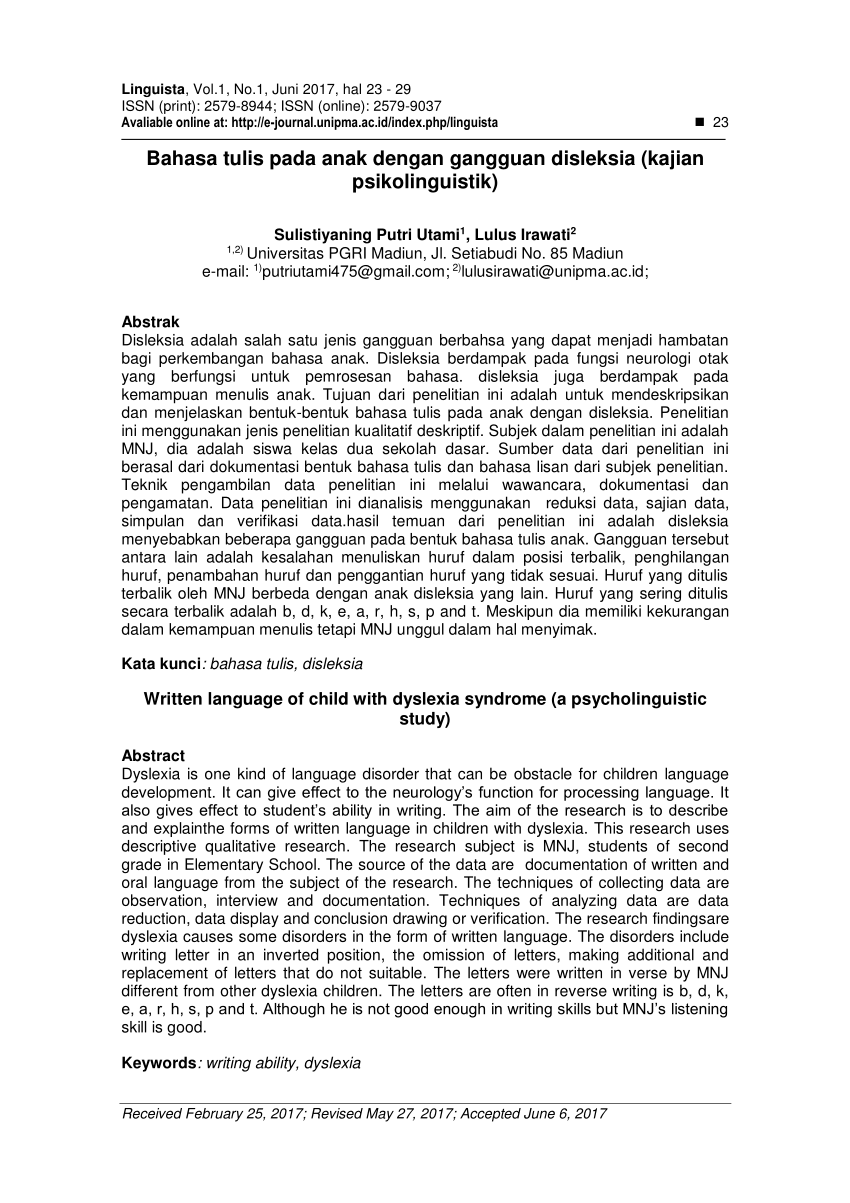 Pdf Bahasa Tulis Pada Anak Dengan Gangguan Disleksia Kajian