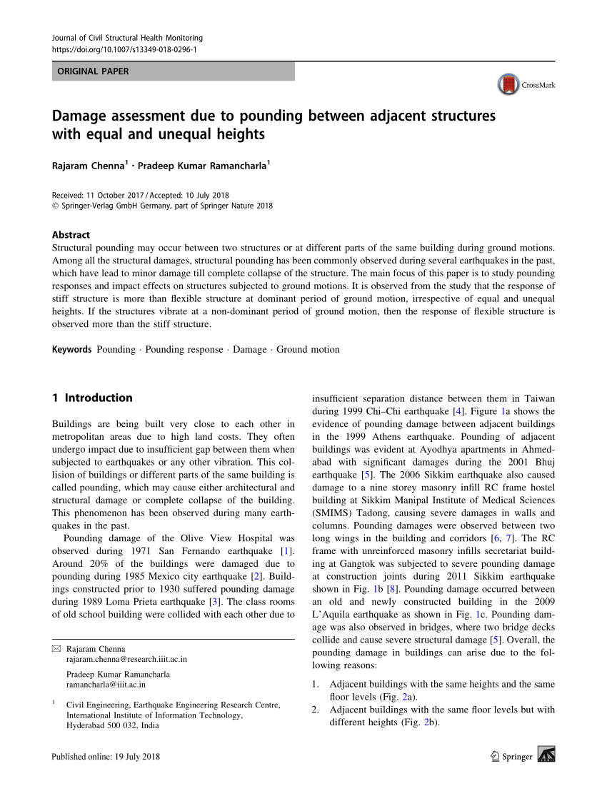 Pdf Damage Assessment Due To Pounding Between Adjacent Structures With Equal And Unequal Heights