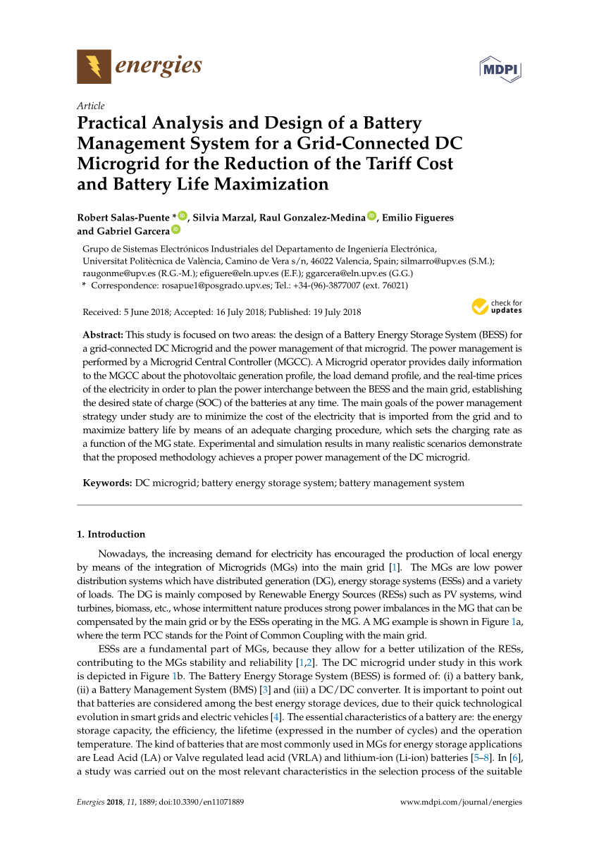 Pdf Practical Analysis And Design Of A Battery Management System For A Grid Connected Dc Microgrid For The Reduction Of The Tariff Cost And Battery Life Maximization