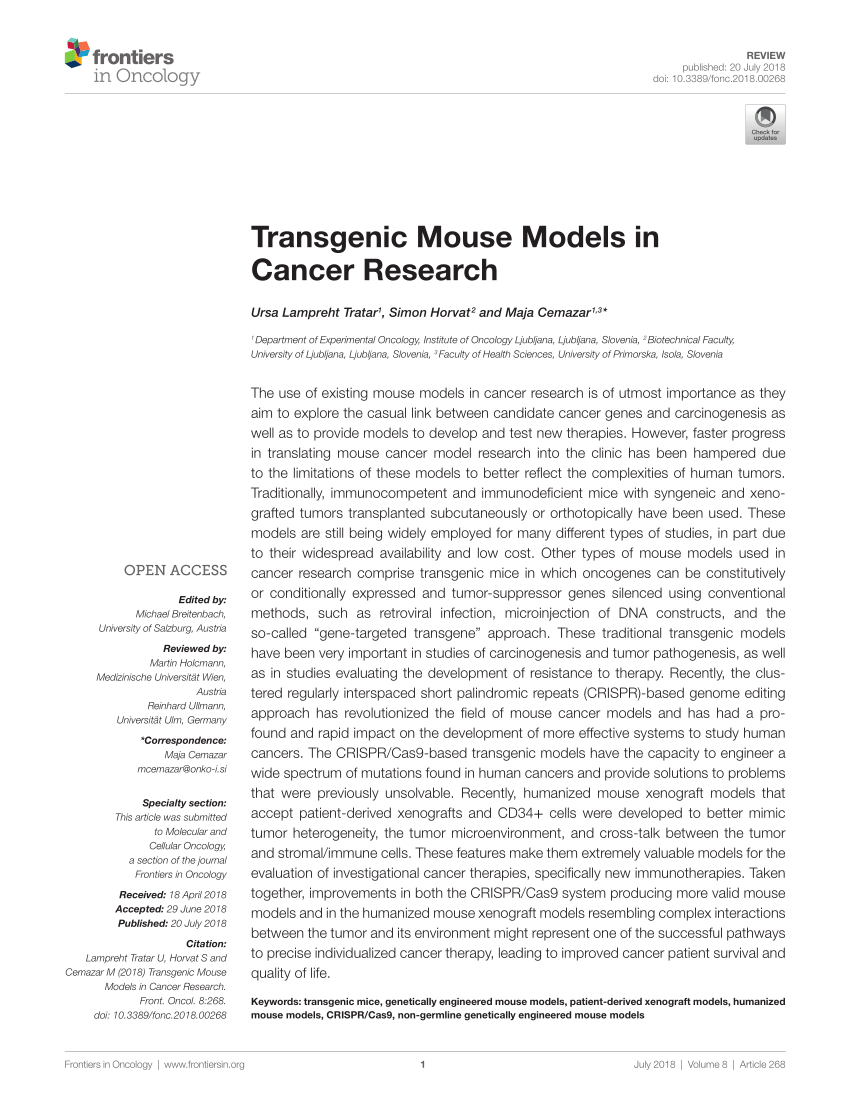 Pdf Transgenic Mouse Models In Cancer Research
