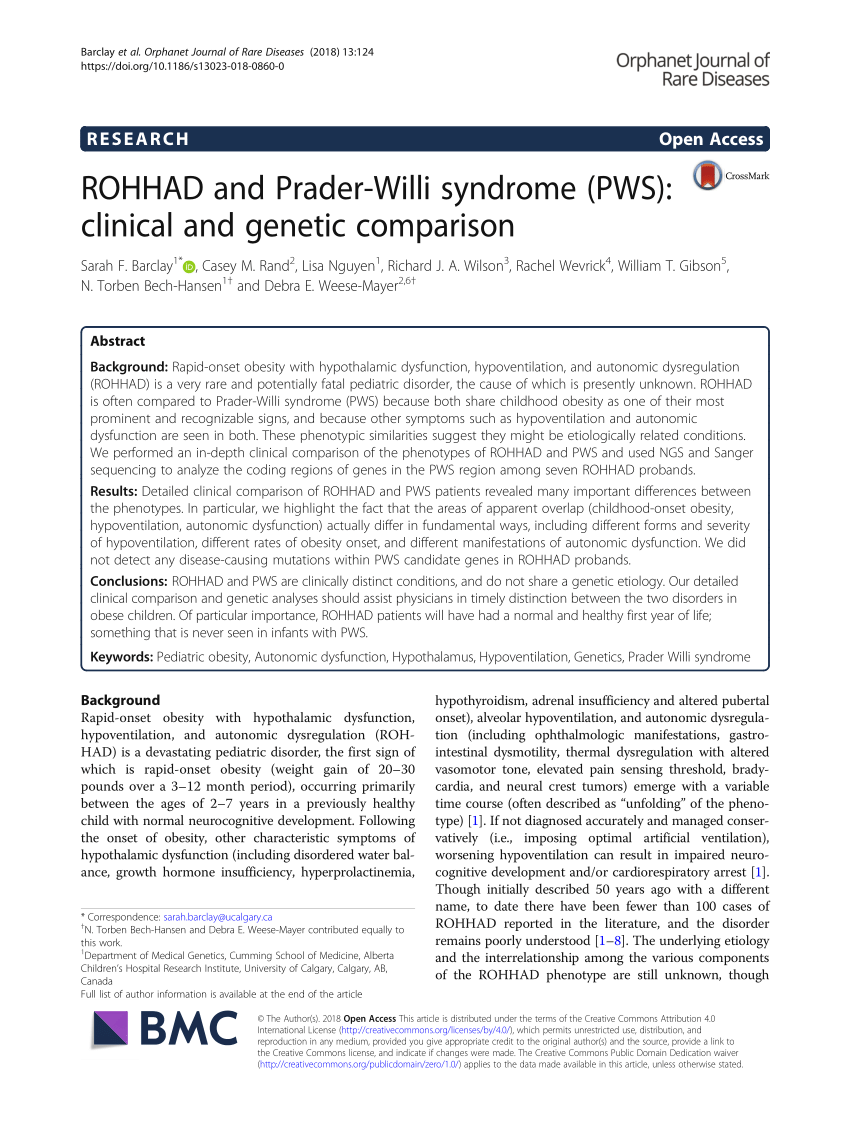 Pdf Rohhad And Prader Willi Syndrome Pws Clinical And Genetic Comparison