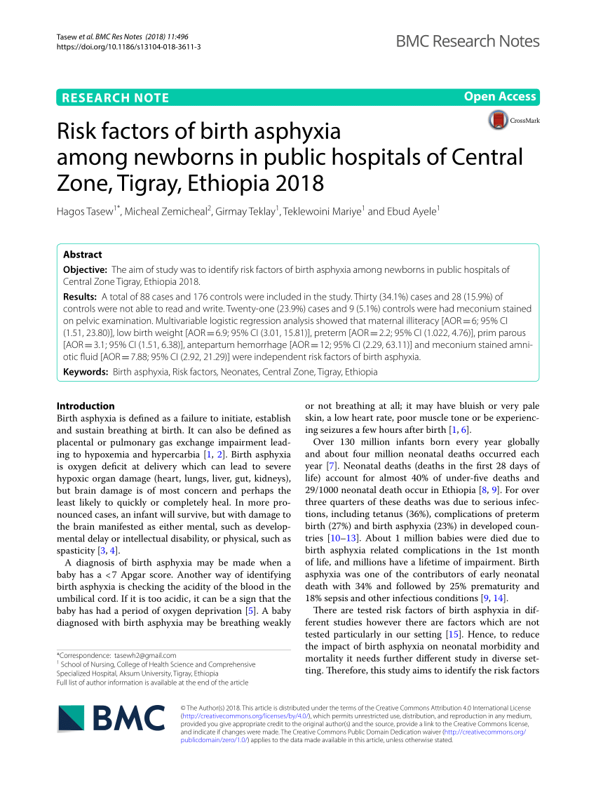 (PDF) Risk factors of birth asphyxia among newborns in public hospitals ...