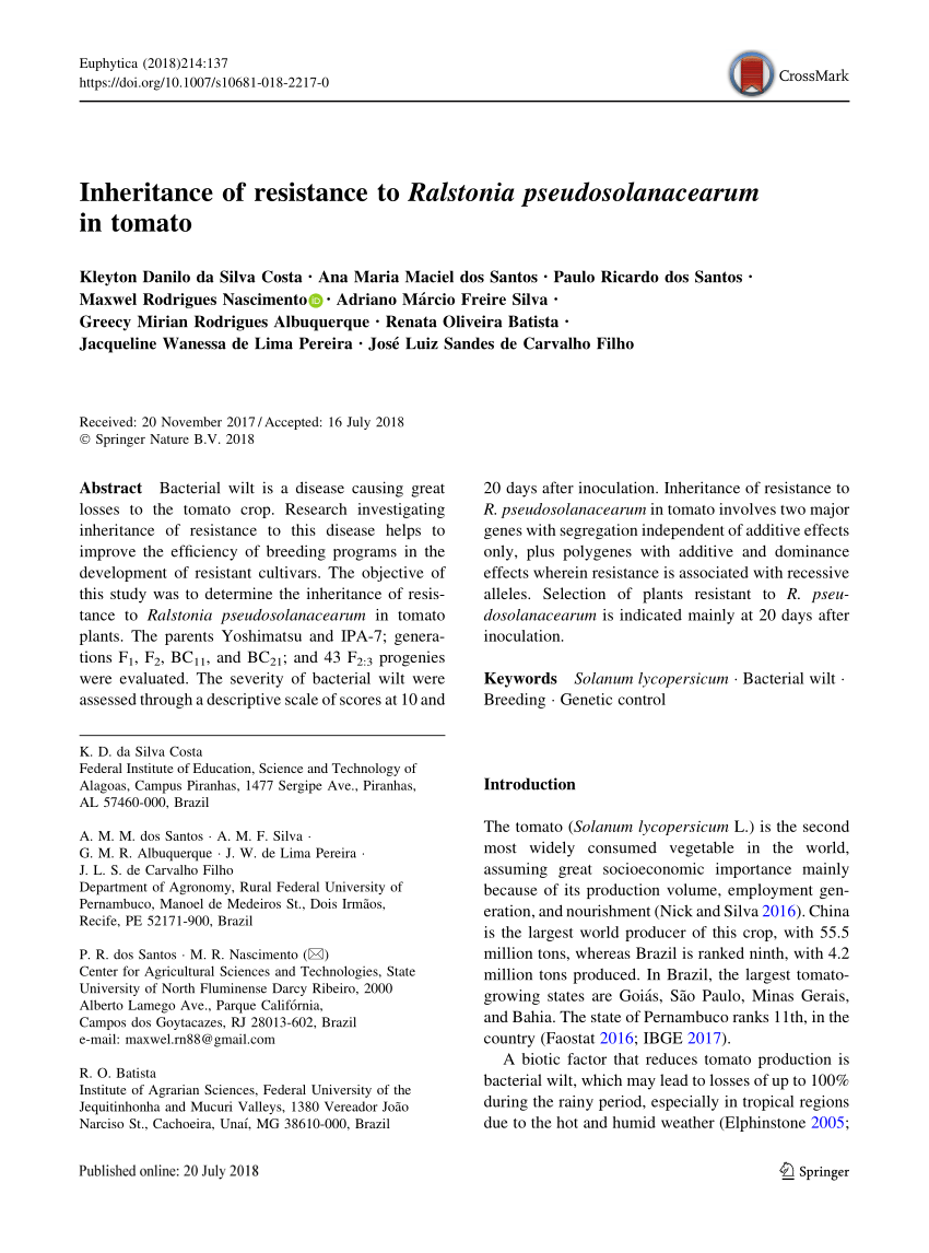 Pdf Inheritance Of Resistance To Ralstonia Pseudosolanacearum In Tomato