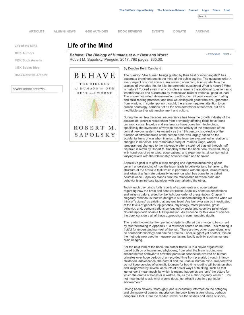 PDF) Behave, review of R. Sapolsky: Behave, the Bioloigy of Humans at our  Best and Worst. Penguin, 2017. Life of the Mind, July 12, 2018