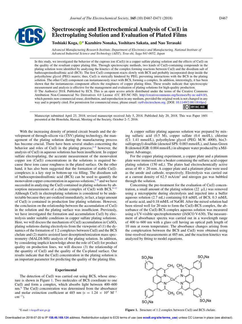 Accumulation and Analysis of Cuprous Ions in a Copper Sulfate Plating  Solution