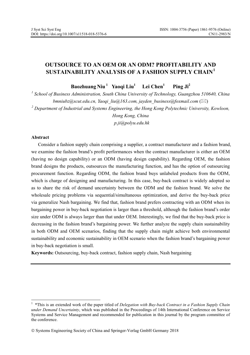 Pdf Outsource To An Oem Or An Odm Profitability And Sustainability Analysis Of A Fashion Supply Chain