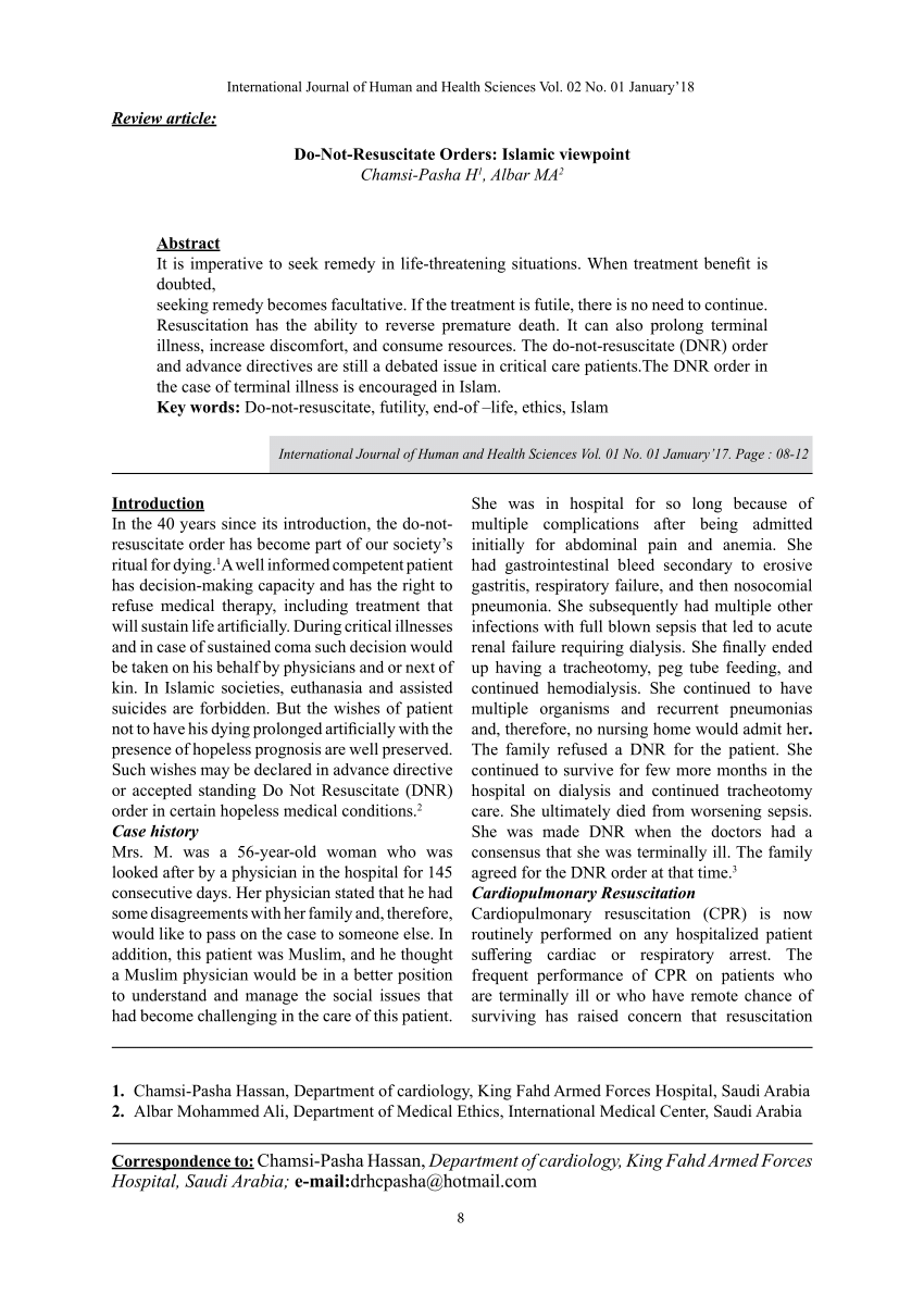 (PDF) Do-Not-Resuscitate Orders: Islamic viewpoint