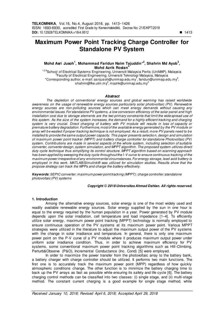 PDF) Maximum Power Point Tracking Charge Controller for Standalone 