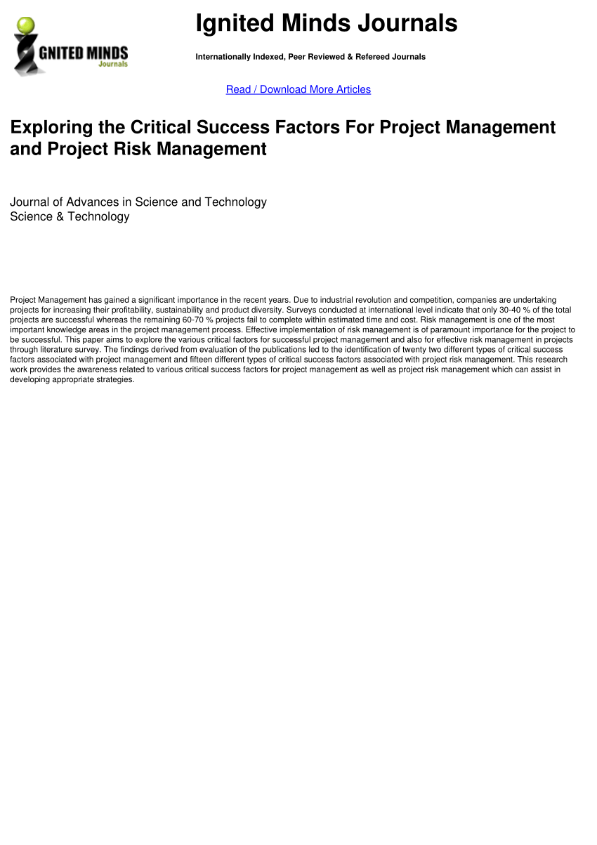 Pdf Exploring The Critical Success Factors For Project Management And Project Risk Management 2063