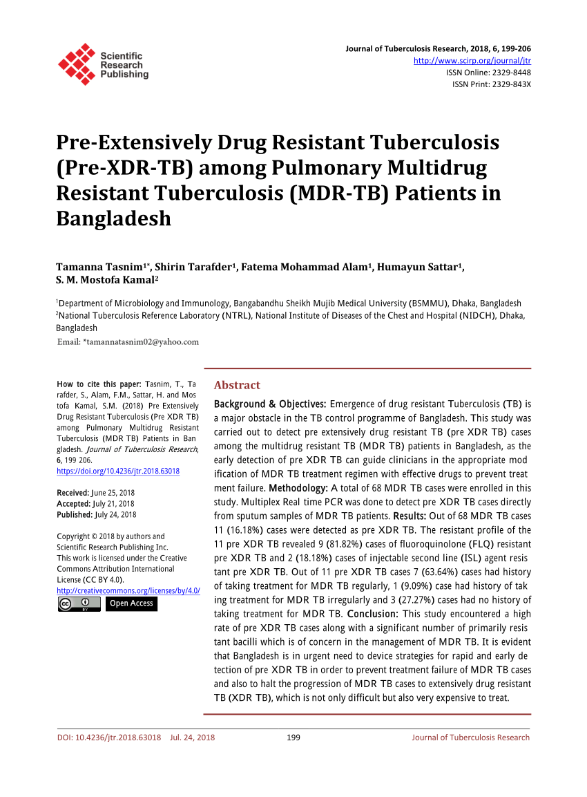 Pdf Pre Extensively Drug Resistant Tuberculosis Pre Xdr Tb Among Pulmonary Multidrug Resistant Tuberculosis Mdr Tb Patients In Bangladesh